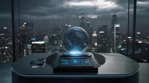 Futuristic Orb Interface Display Against Cityscape Backdrop with Advanced Technology and a Gloomy Ambiance photo