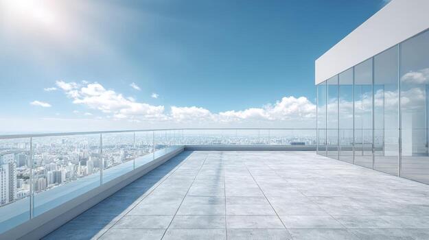 Modern Skyscraper Rooftop Terrace with City Skyline View on a Sunny Day, Architectural Design photo