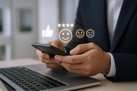 Customer Feedback on Mobile Phone Showing Positive Review and User Satisfaction Rating with Laptop photo