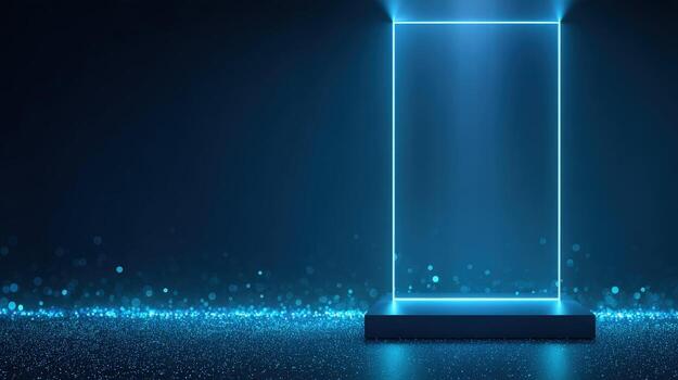 Illuminated Rectangular Frame with Platform on a Dark Background, Ideal for Product Presentation photo