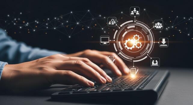 Hands Typing on Keyboard with Abstract Digital Network Overlay for Business Automation Solutions photo