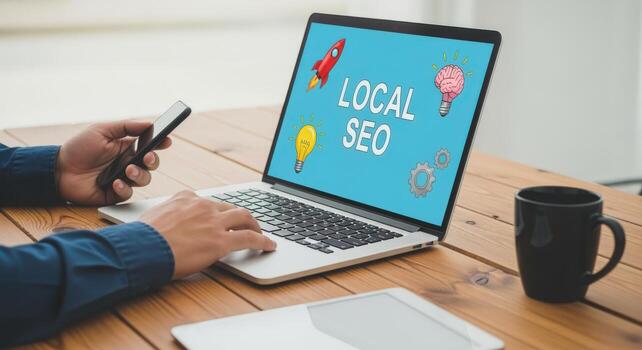 Hands on Laptop Displaying SEO Concept with Rocket, Brain, Lightbulb and Smartphone on Desk photo