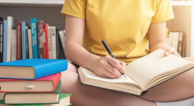 estudiante estudiando con abierto libro y bolígrafo en biblioteca para educación concepto foto