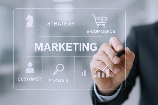 Interactive Marketing Strategy Business Professional Demonstrates Digital E-commerce Analysis and Customer Engagement on Transparent Interface photo