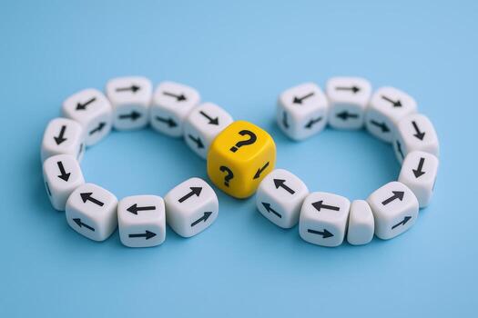Infinite Loops Concept of Choices and Uncertainties Shown by Arrows and a Question Mark Dice photo