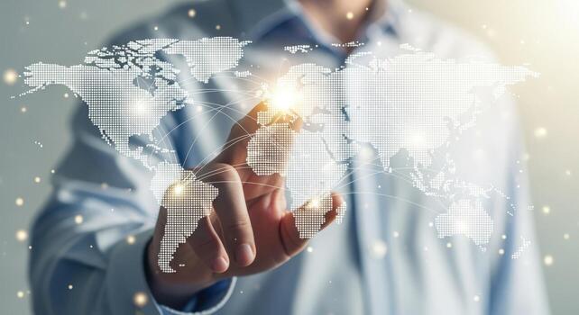 Global Business Network Man Touching World Map Interface for International Connections and Digital Transformation photo