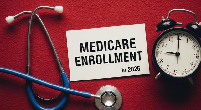 Medicare Enrollment 2025 Concept with Stethoscope and Clock on Red Backdrop, Healthcare Coverage, Annual Sign-up photo