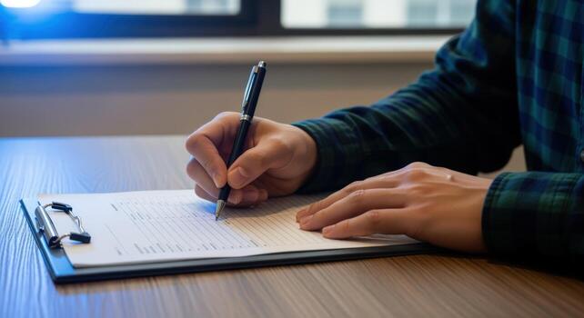 Man Signing Document on Clipboard at Desk Close-up of Hands, Pen, and Contract photo