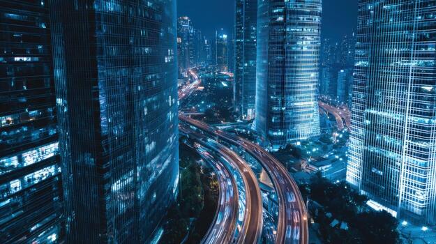 Futuristic Metropolis at Night High-Rise Buildings and Highway, showcasing Urban Development and Modern Architecture photo