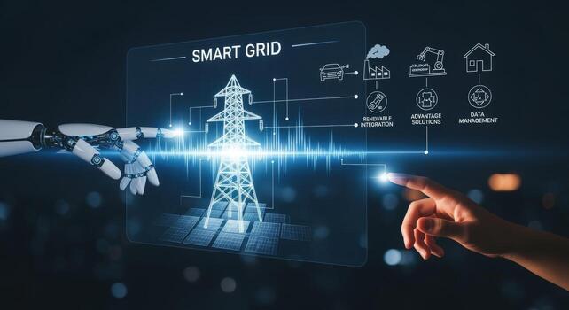 Smart grid futuristic concept a human hand and robot interact with advanced power network interface photo