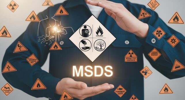 Safety Data Sheet Concept Person Holding MSDS Symbol with Hazard Warning Icons for Workplace Safety photo