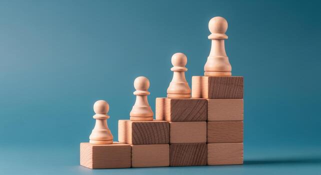 Chess Pawns Ascending Wooden Blocks Representing Growth, Progress, and Strategy Against a Teal Background photo