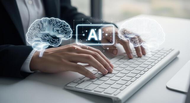 Artificial Intelligence Integration Businesswoman Using AI Technology with Keyboard, Digital Brains, and Neural Network Interface photo