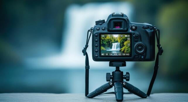 Capturing Natures Beauty DSLR Camera on Tripod Displaying Waterfall Scene, Perfect for Photography Enthusiasts and Travel Blogs photo