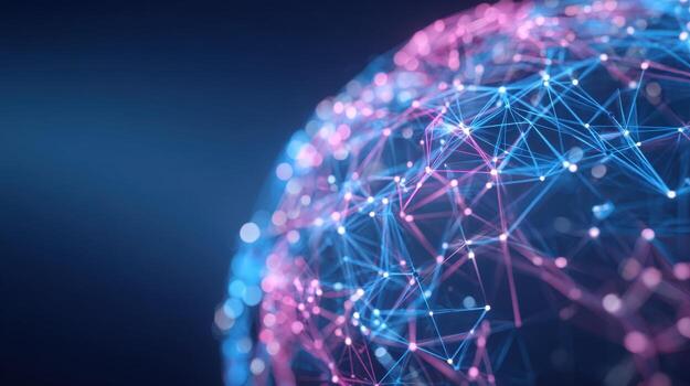 Abstract Network Sphere with Pink and Blue Glowing Connections, Representing Global Data and Technology photo