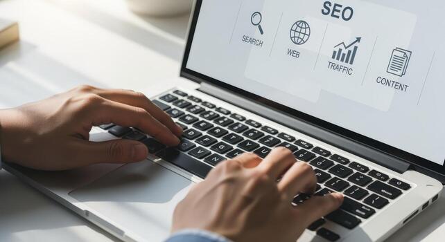 optimizando sitio web contenido de cerca de manos mecanografía en ordenador portátil teclado para seo estrategia y en línea negocio crecimiento foto