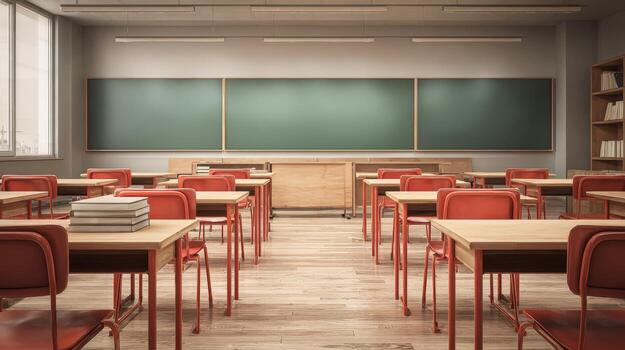 Empty Classroom with Desks and Chalkboard Ready for Students, Education and Learning Environment photo