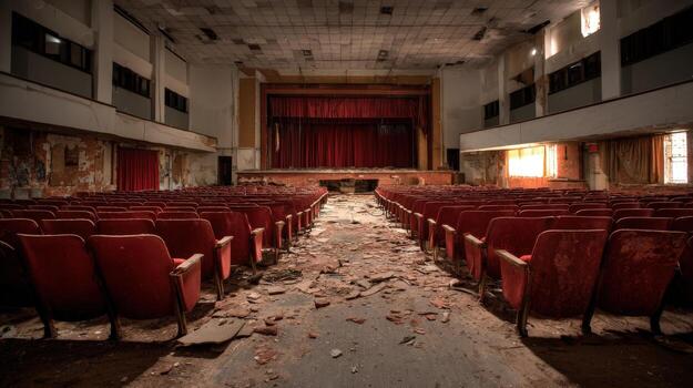 Dilapidated Theater Interior with Red Seats and Stage, Emphasizing Decay and Abandonment, Architectural Photography photo