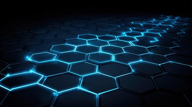 Futuristic Technology Background with Glowing Blue Hexagons, Abstract Tech Design for Innovation and Connectivity photo