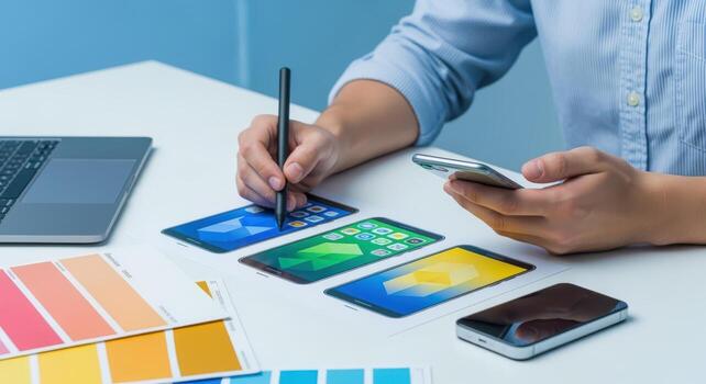 UIUX Designer Creating Mobile App Interface with Stylus and Color Palette on White Desk photo