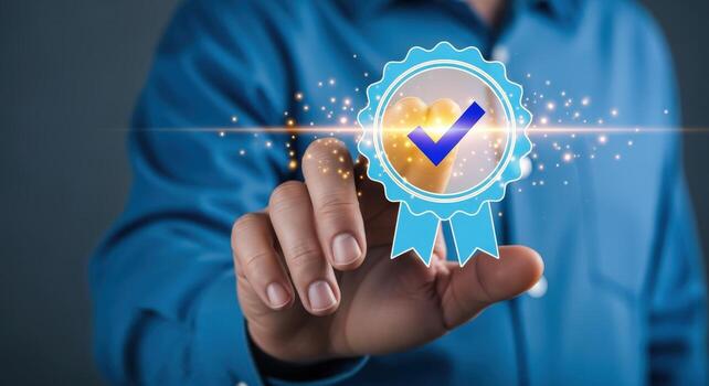 Quality Assurance Illustration Close-up of Hand Pointing to Guarantee Seal with Sparkles and Blue Accent photo