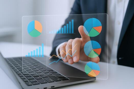 Business Analytics Concept Man Interacting with Data Visualization on Laptop, Analyzing Charts and Growth Trends photo