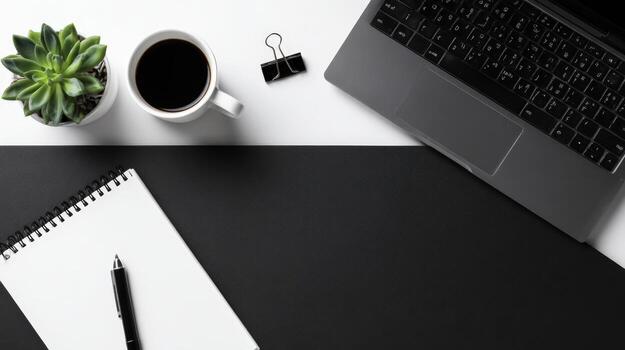 Modern Workspace Flat Lay Featuring Laptop, Coffee, Notepad, Pen, and Succulent on Black and White Background photo