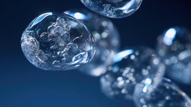 Abstract Spheres Macro Photography, showcasing transparent liquid or gel with embedded particles against blue background photo