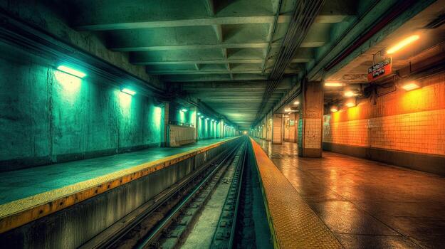 Atmospheric Subway Station Platform with Dim Lighting and Perspective View of Train Tracks photo