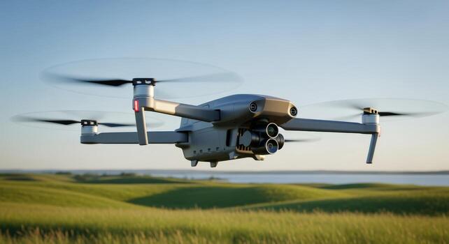 Drone in Flight Over Green Fields Aerial Technology for Agriculture and Environmental Monitoring photo