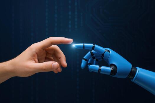 Human and Robot Hand Touching Connection, Artificial Intelligence and Future Technology Concepts, Innovation and Development photo