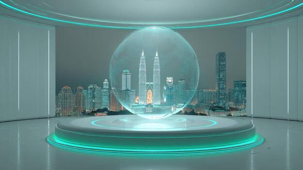 Futuristic Cityscape Projection High-Tech Urban Visualization in a Modern Studio Environment, Showcasing Architectural Innovation and Design photo