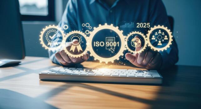 ISO 9001 Certification Concept with Digital Graphic Overlaying Keyboard, Representing Quality Management System Standards and Assurance photo