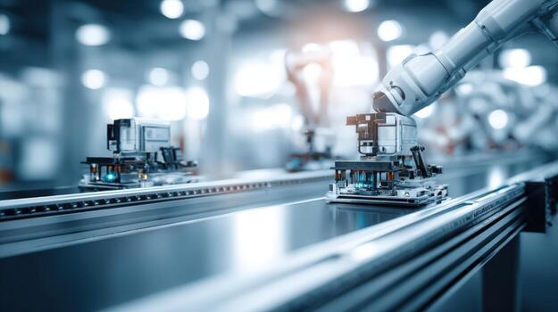 Automated Assembly Line with Robotic Arm Precision Manufacturing and Modern Industrial Technology in Factory photo