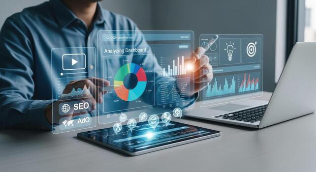 Business man analyzing digital data dashboard, creating interactive HUD interface using modern technologies photo