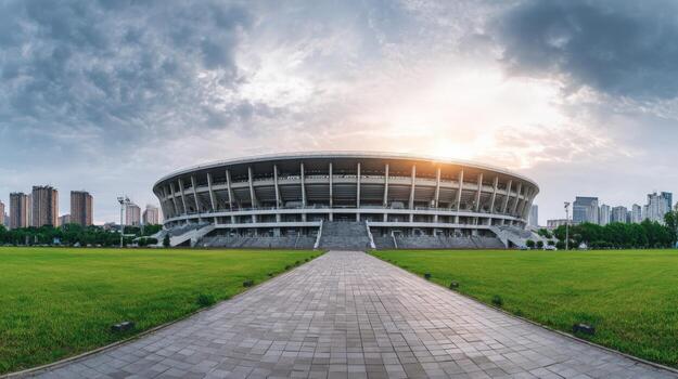 Stadium Exterior with Green Field and City Skyline, Modern Architecture in Urban Setting photo
