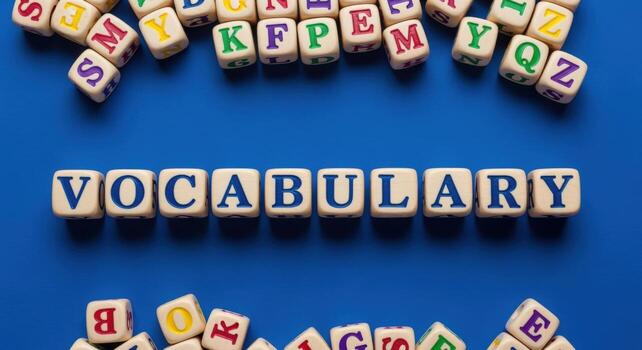 Vocabulary Word Blocks Spelling Learning Concepts on Blue Background for Educational or Language Studies photo