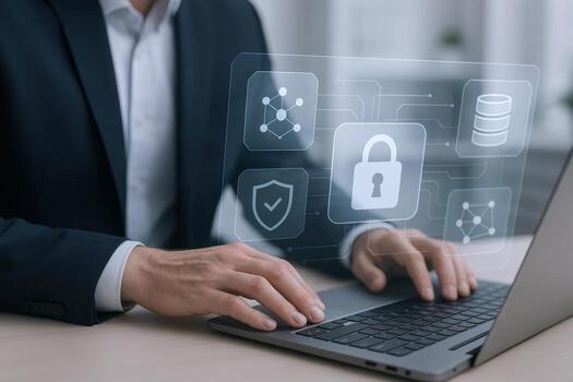 datos proteccion y seguridad concepto mostrado mediante futurista interfaz mientras negocio profesional trabajos en ordenador portátil foto