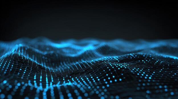 Abstract Technology Background with Glowing Blue Particles Forming a Wavy Grid - High Tech Visualization photo