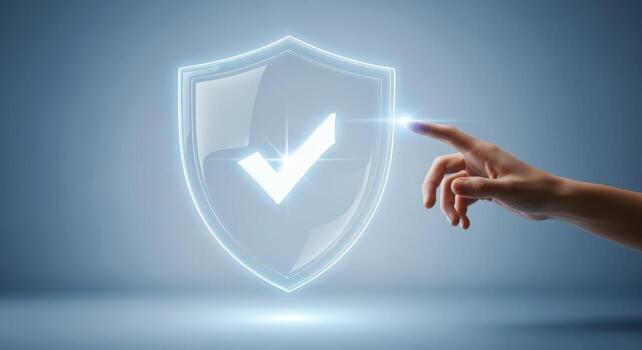 Digital Security Shield with Checkmark and Hand, Representing Data Protection and Online Safety photo