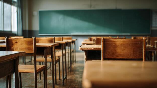 Empty Classroom with Wooden Desks and Blackboard, Awaiting Students for Learning and Education photo