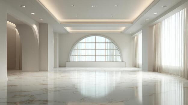 brillante vacío habitación con mármol piso, arqueado ventana, y blanco cortinas para arquitectónico visualización foto