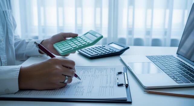 Accountant Analyzing Financial Data with Calculator, Pen, and Laptop on a White Desk in an Office photo