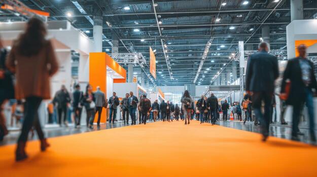 Trade Show Hallway with Attendees Walking on Orange Carpet, Blurred Background, Emphasizing Business and Networking photo