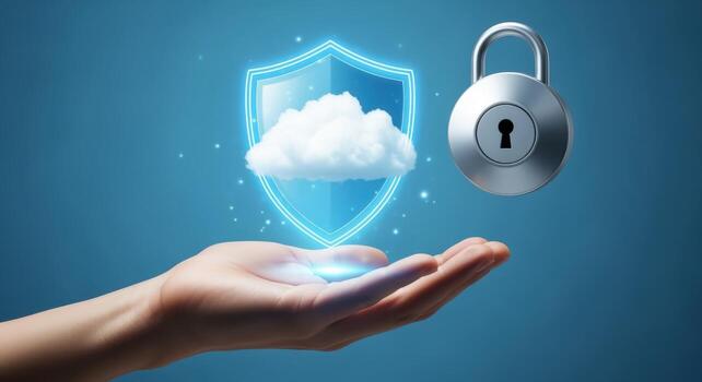 Cloud Security Concept Hand Holding a Shield with Cloud and Padlock for Data Protection photo
