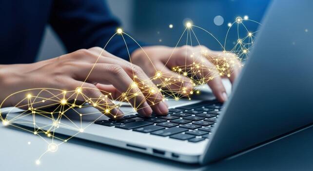 Data Connectivity on Laptop Close-up of Hands Typing with Digital Network Overlay, representing global communication photo