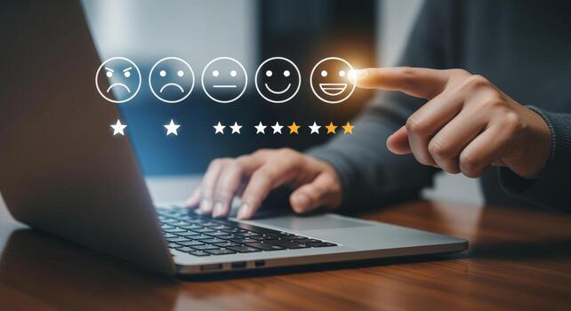 Customer Experience Feedback Hand Selecting Happy Emoticon on Laptop for Positive Review and Satisfaction photo