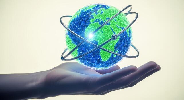 Global Network in Hand A Conceptual Illustration of Connectivity, Technology, and Global Communication on Human Palm photo