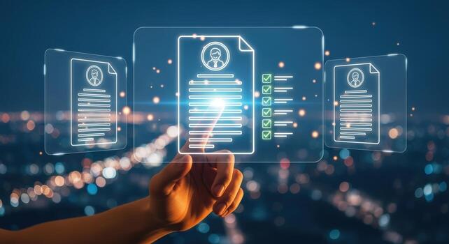 Interactive Resume Selection Concept Man Selecting Digital Profile Over Urban Background, Representing Talent Acquisition photo