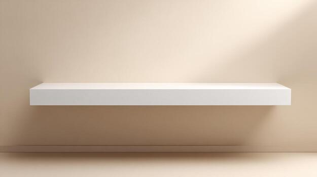 Minimalist White Shelf on Beige Wall Product Display Mockup, Interior Design, and Presentation Template photo